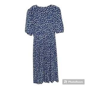 Vintage Lady Carol Blue White Cottage-core 80s Puff Sleeve Pleated‎ Dress 16